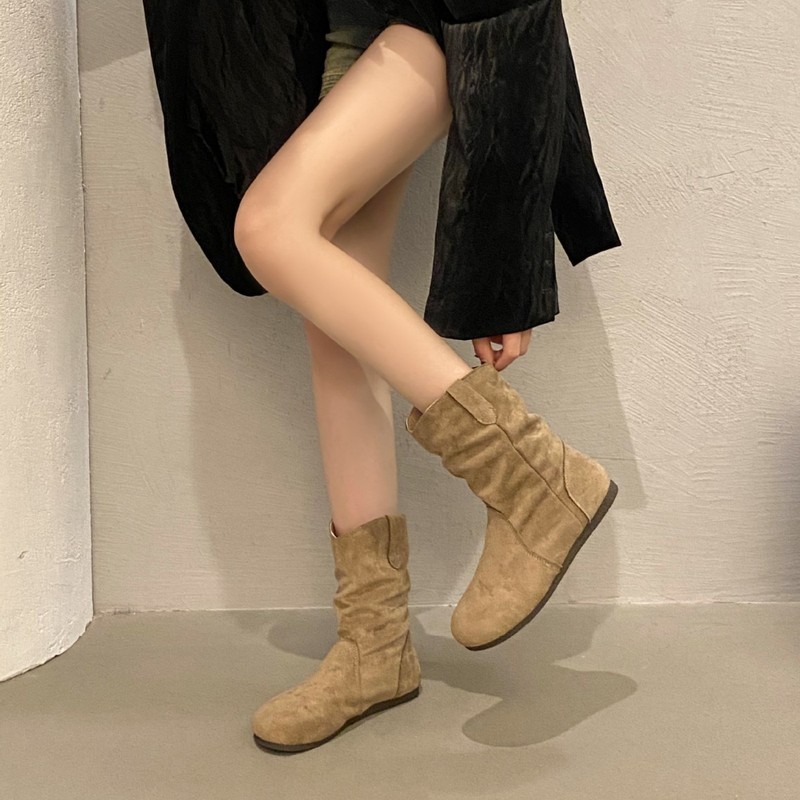 软底内增高勃肯短靴女西部靴春季显瘦一脚蹬圆头堆堆靴复古马丁靴|undefined