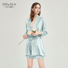 外贸跨境新款19姆米重磅真丝睡袍女100%桑蚕丝绸可外穿家居服晨袍