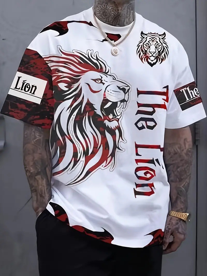 Camiseta de cuello redondo de manga corta suelta y transpirable de la calle de los hombres león colorido KING venta caliente impresión 3D