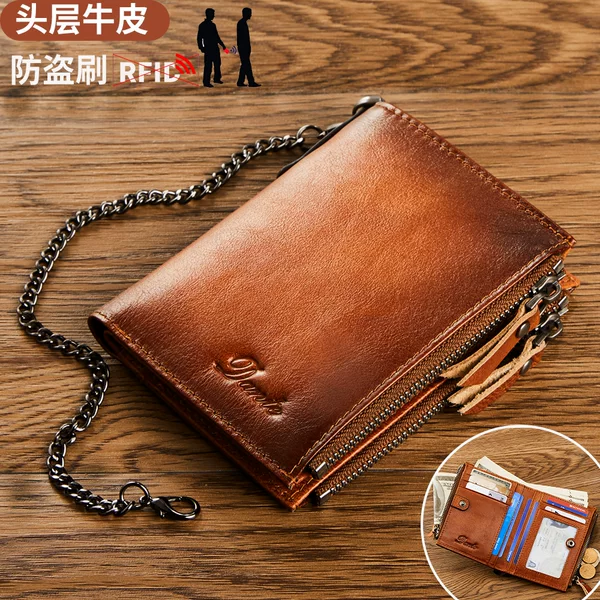 Popular First-Layer Cowhide Wallet with Color Polish, Rfid Anti-Theft, Card Holder, Driver's License Chain, Zipper Coin Purse