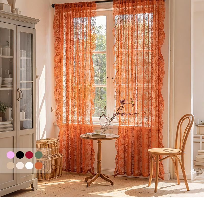 Cortina redonda transparente com renda floral francesa estilo campestre para sala de estar, quarto, varanda ou janela saliente. Semiaberta._voghion.com