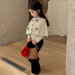 2025 New Autum Kidsren's Clothing Korean Style Kidsren's Clothing Girls Retro Bow Sweater Cloak Sweater 2-Piece Set