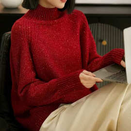 秋冬红色高领针织衫女宽松软糯高级感金丝毛衣内搭时尚加厚打底衫