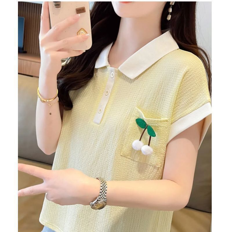 Tops de cuello de polo de bolsillo de color de contraste de textura de gran tamaño para mujer 2024 verano nuevo estilo suelto y delgado camiseta de manga corta para mujer