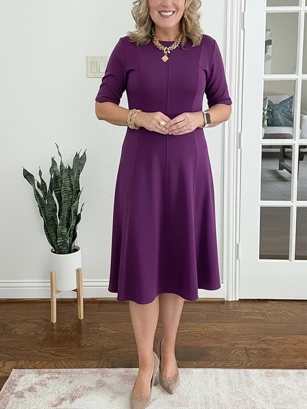 "2026 New Spring/Summer Short-Sleeve Slim-Fit Round-Neck Solid Color Dress, Elegant Women's Dress"_ecoleips.com