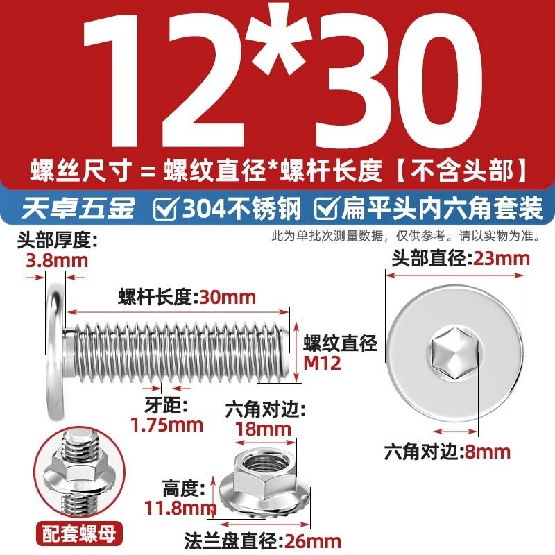 304不锈钢CM大平头超薄头C头扁平头内六角螺丝钉法兰边螺母套装M5|undefined