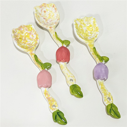 Adorable girl heart pink tulip spoon with stars, flower-shaped ceramic spoon for desserts, soup, rice, and coffee stirring