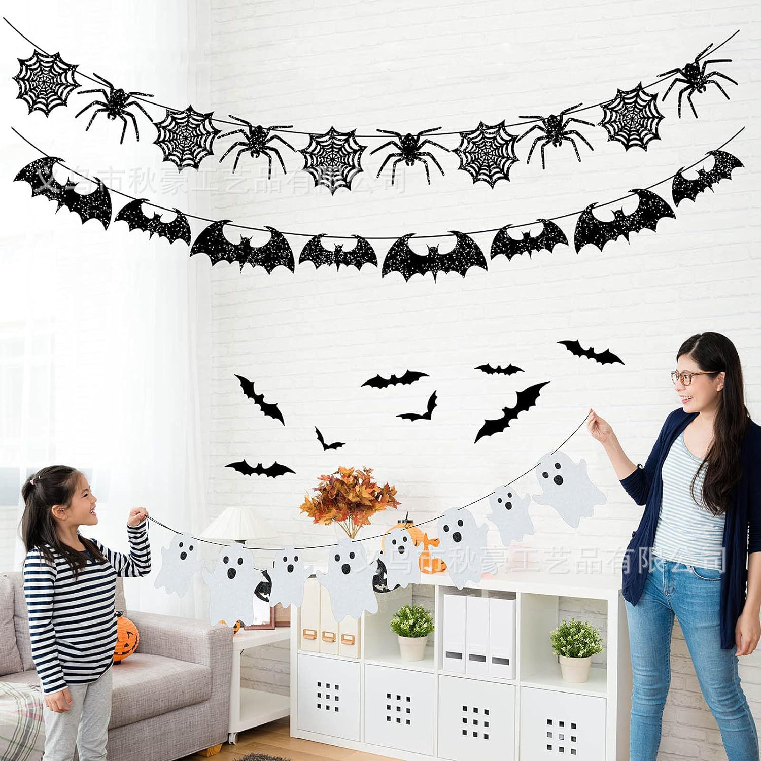 Decoración de Halloween bandera flash negra araña fantasma guirnalda 2024 nueva pegatina de pared de murciélago 3D colgante