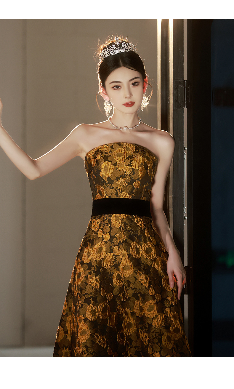 Đầm dạ hội nữ không dây phong cách Pháp, thiết kế ôm body đuôi cá, may đo cao cấp — Màu vàng chi tiết 12