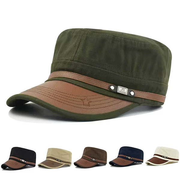 Cross-Border Flat-Top Cap, Men's Leather-Brimmed Cap, Embroidered Five-Pointed Star Military Cap, Curved-Brim Casual Mountaineering Sun Hat