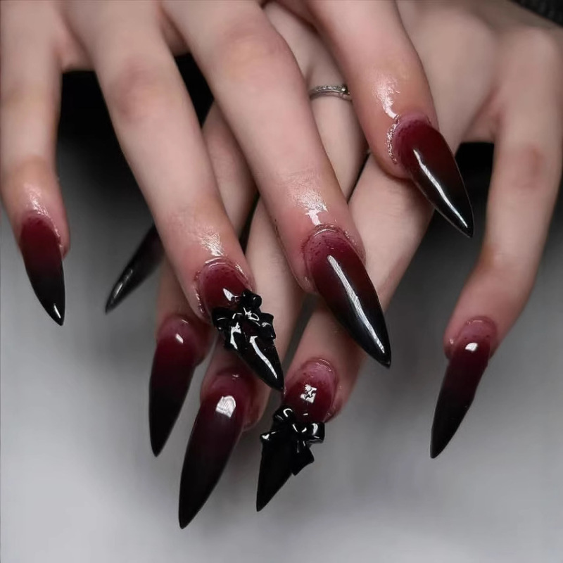 Cross-Border Hot Selling European and American Halloween Gradient Cherry Color Stereo Bow Foreign Trade Wearable Nail Patches 24 Pieces Cross-Border Hot Selling European and American Halloween Gradient Cherry Color Stereo Bow Foreign Trade Wearable Nail Patches 24 Pieces