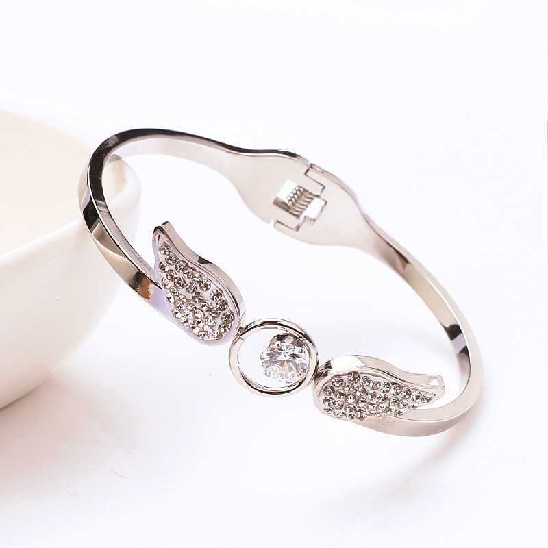 Angel Wings Pattern Elegant Angel Wings Titanium Steel Inlay Zircon Bangle