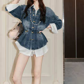 工厂秋新款姐妹家绝色佳人设计款收腰特色牛仔衬衫➕宽松版白衬衣