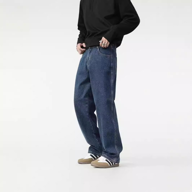 American Retro Dark Blue Washed Jeans for Men, Straight-Leg, Loose-Fitting, Casual, Relaxed, Hong Kong Style Trousers for Teenagers