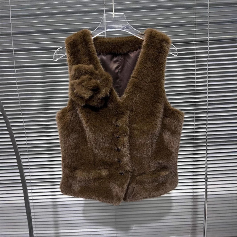 Spring Faux Mink Eco-Friendly Fur Vest, Warm and Stylish with Floral Brooch, Fitted Waist V-Neck Vest Jacket