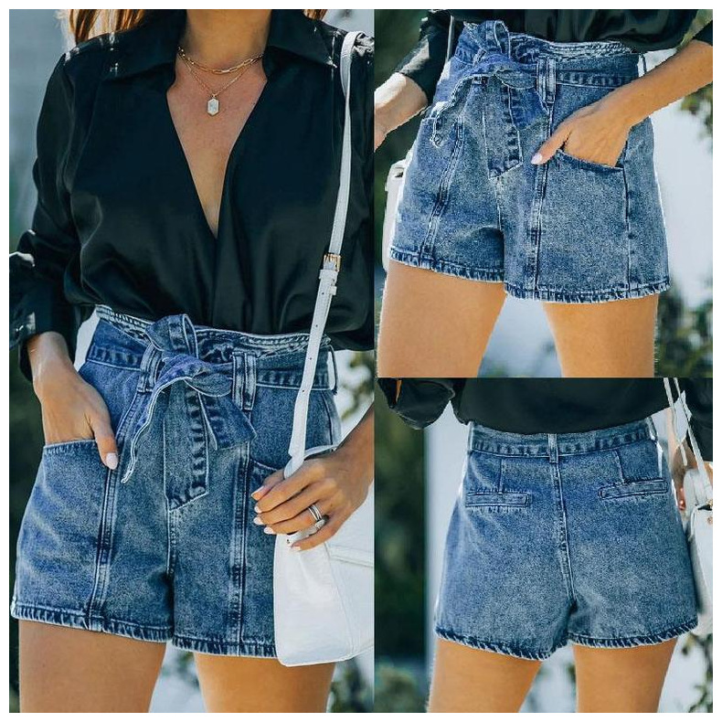 summer straight-leg high waist lace up denim shorts nihaostyles wholesale clothing NSJRM81950