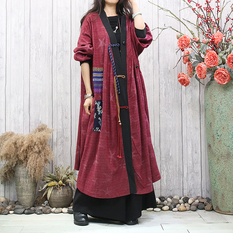 原创文艺民族风开衫秋季新款宽松大码不规则拼贴复古做旧磨毛外套