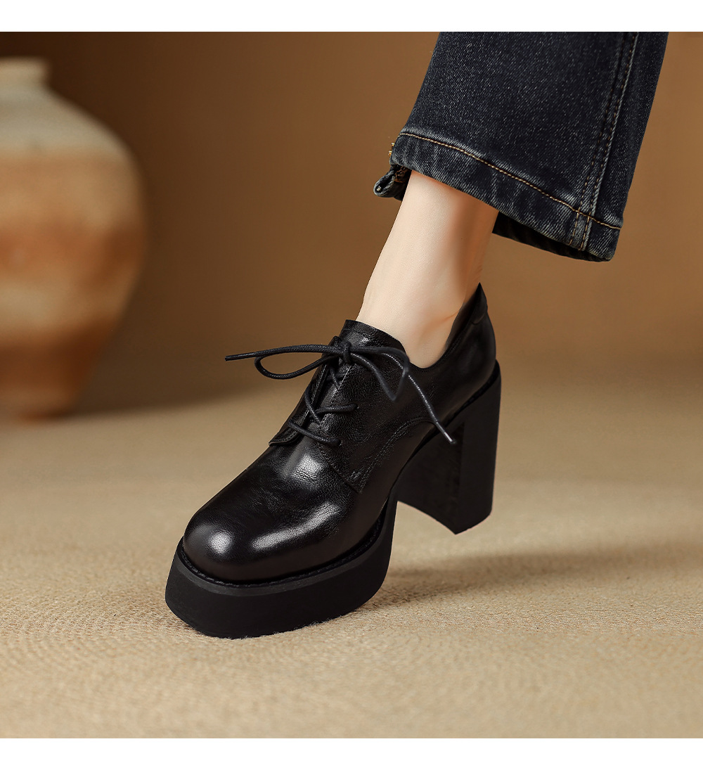 Giày cao gót nữ gót vuông 10cm phong cách Anh quốc buộc dây — màu nâu chi tiết 8