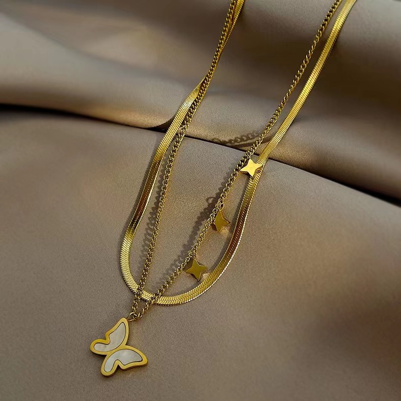 Fashion Butterfly Titanium Steel Plating Shell Layered Necklaces 1 Piece