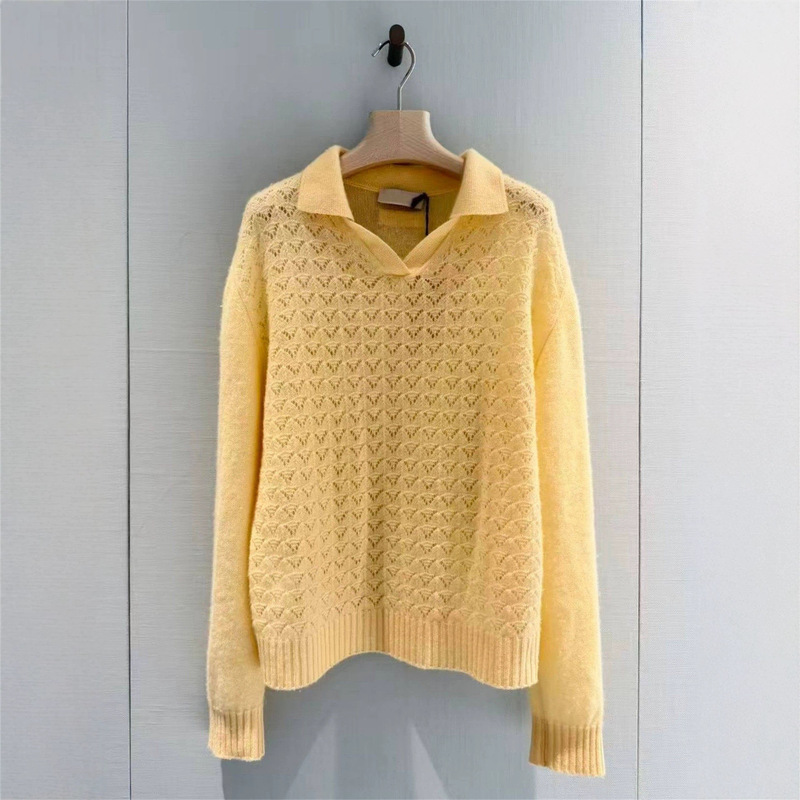 Esme Haute Couture 26 Early Spring New Style Letter Logo Patchwork Feathered Hollow-Out Polo Collar Long-Sleeve Knit Sweater for Women