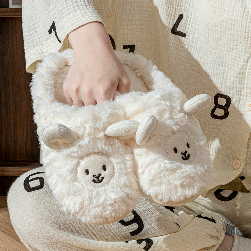 Cute Little Sheep Cotton Slippers for Women, Home Cotton Slippers for Women, Fleece-Lined Cotton Slippers for Men, Warm Shoes, Confinement Shoes for Women, Toe-Toe Slippers for Women