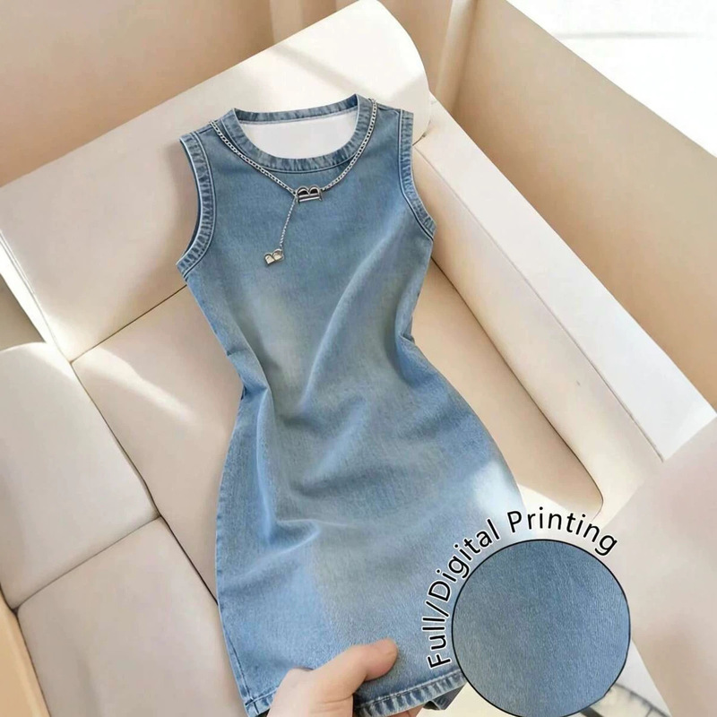 Cross-Border Exclusive Supply of Summer Hot-Selling Women's Fashionable and Elegant Vintage-Style Faux Denim Printed Sleeveless Round-Neck Dress Short Skirt Cross-Border Exclusive Supply of Summer Hot-Selling Women's Fashionable and Elegant Vintage-Style Faux Denim Printed Sleeveless Round-Neck Dress Short Skirt