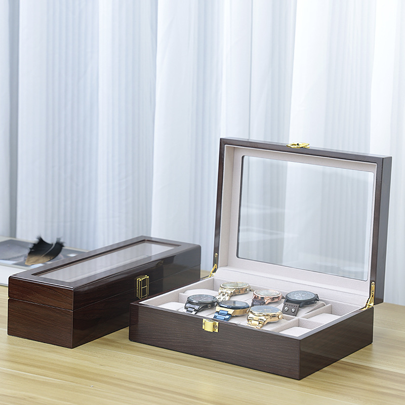 Embalaje de seda de oro marrón brillante para hornear pintura grano de madera caja de reloj caja de exhibición de almacenamiento de joyería de alta gama