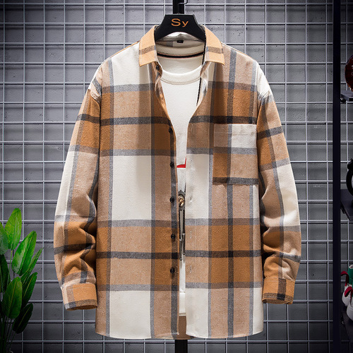 Men's Long Sleeve Flannel Shirt 2025 International Trade New Hong Kong Style Trendy Men's Open Shirt Casual Checkered Trendy Men's Collared Shirt