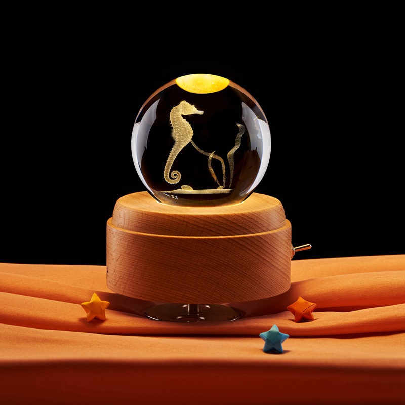 跨境批发海马3d立体激光内雕制作水晶球发光小夜灯装饰工艺品摆件