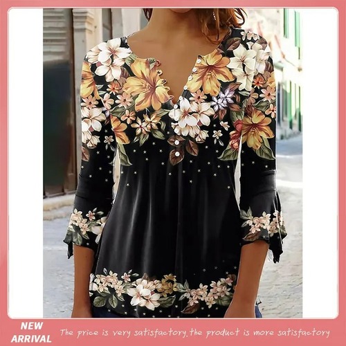 Bestselling 3D Digital Printing Spring Summer Autumn Women's One-Shoulder Versatile V-Neck Single Button Half-Sleeve Cardigan