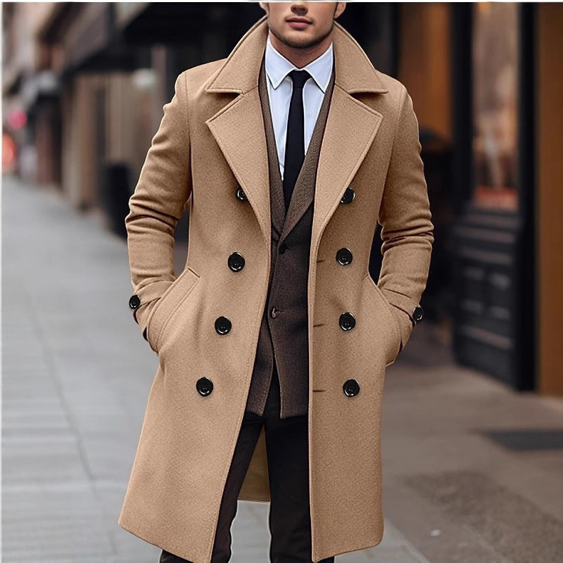 Cross-border Autumn and Winter Foreign Trade European and American Men's Solid Color Long Woolen Coat Korean Double-breasted Woolen Coat Coat