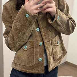 2025秋冬季新款斜纹棕色灯芯绒立秋外套新品雪尼尔正肩夹克上衣女