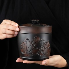 紫陶茶叶罐密封罐陶瓷紫砂大中号荷花醒茶罐普洱储存罐防潮家建水