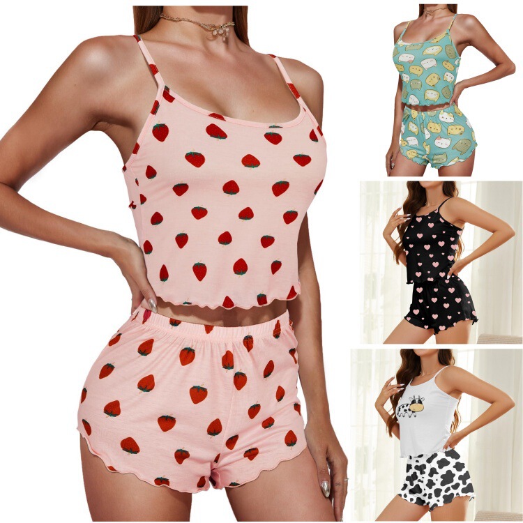 2024 Summer New Cross-border European and American Foreign Trade Printed Sling Shorts Slim-fit Breathable Home Clothes suit Women 2024 Summer New Cross-border European and American Foreign Trade Printed Sling Shorts Slim-fit Breathable Home Clothes suit Women