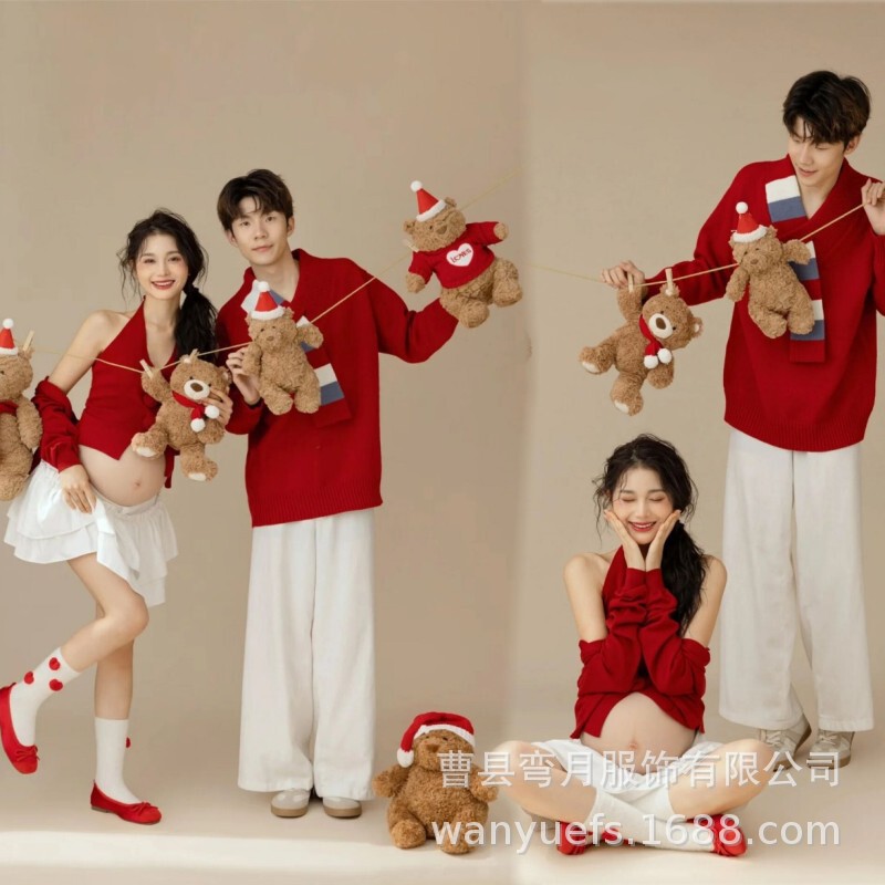 Pregnant Women Photography Clothing Photo Studio New Year Couple Theme Red Sweet Wind Pregnant Mommy Big Belly Photo Clothes at Home