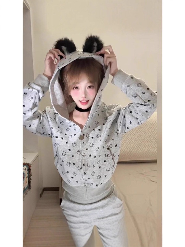 美式复古kitty猫印花灰色连帽卫衣女春秋慵懒百搭短款外套|undefined