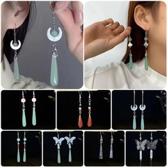 新中式水墨畫蝴蝶耳環國風長款耳鈎古風流蘇水滴耳墜氣質百搭耳飾