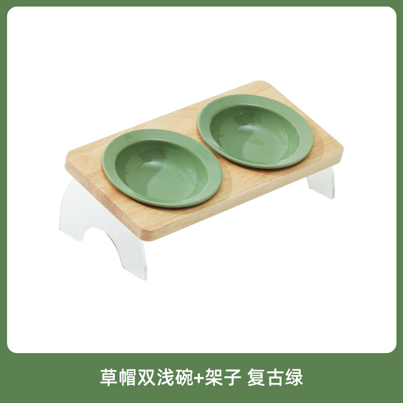 Tazón de cerámica para gatos Corea del Sur Tazón para mascotas antidetonantes gato perro tazón de comida soporte cervical tazón de agua doble tazón boca oblicua estante de madera maciza