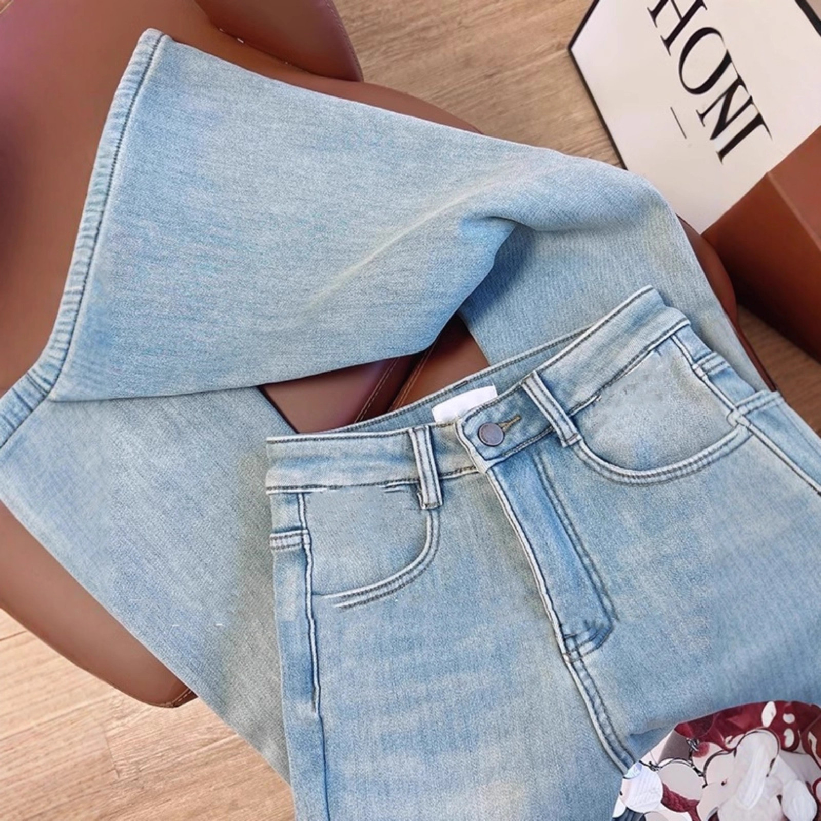 Women's Clothing Retro Slim Fit Jeans Fleece Lined High Waist Autumn Winter Loose Fit Slimming Tight Fitting Horseshoe Pants_ecoleips.com