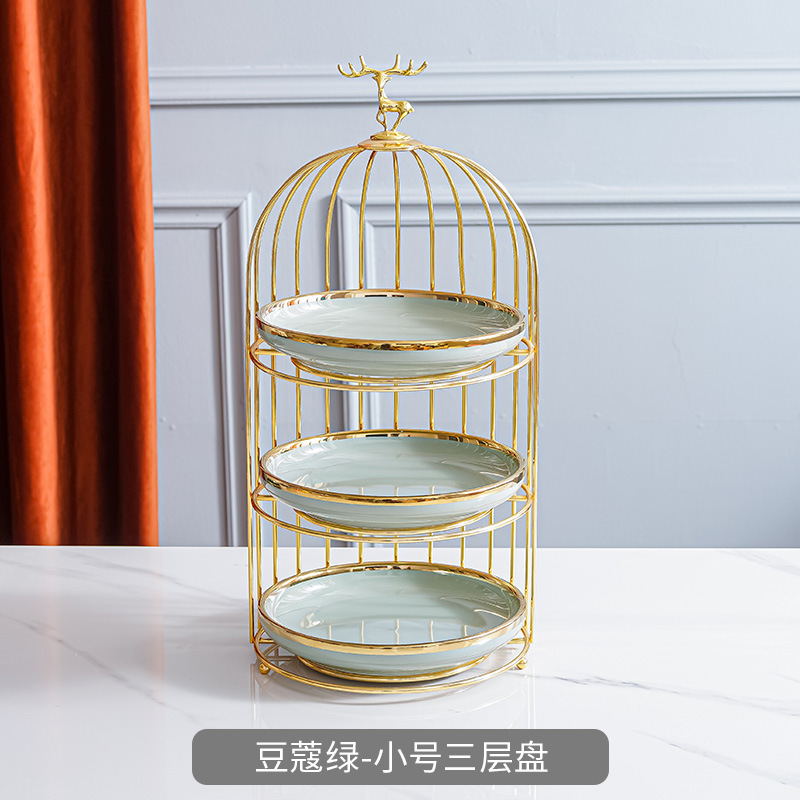 Plato de fruta de cerámica de lujo ligero mesa de café de la sala de estar cesta de frutas en casa plato de pastel de caramelo creativo adornos de almacenamiento de postre de doble capa