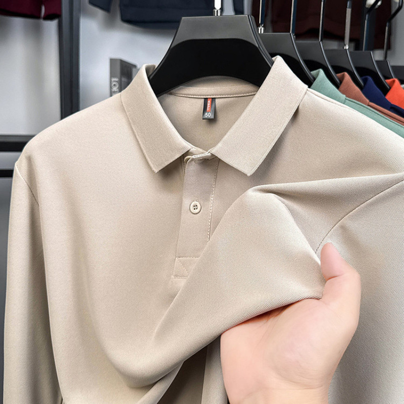 Cross-Border Autumn and Winter Pure Cotton Long-Sleeved T-Shirt Men's Lapel Casual Versatile Pure Color Polo Shirt Men's New Full-Sleeved Top
