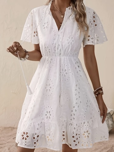 Elegant white V-neck lace embroidery summer dress for ladies, featuring butterfly sleeves and flared hem - semi-transparent