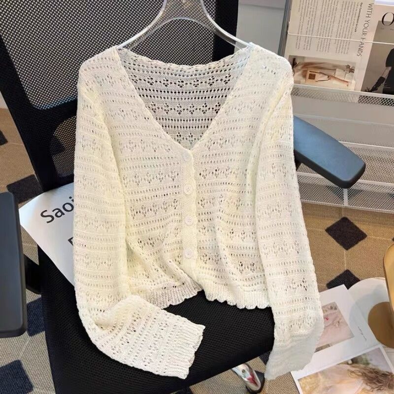 Spring and Summer Loose V-neck Hollow-out All-match Fashionable Knitted Air-conditioning Shirt Women's Thin Long-sleeved Sunscreen Cardigan Top