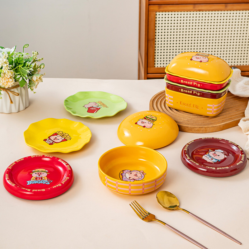 Cute Burger Dinnerware Set, Safe for Food Contact, Exquisite Household Food-Grade Bowl and Plate Set