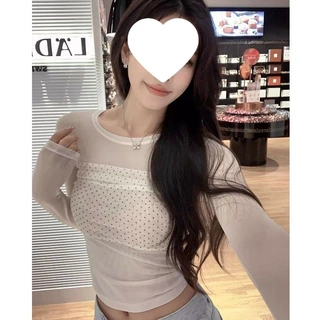【原版网纱面料】双层波点长袖T恤女防晒网纱打底衫内搭修身上衣
