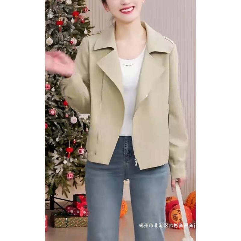跨境休闲翻领夹克外套女5春秋季新气质百搭短风衣外套衣女米|undefined