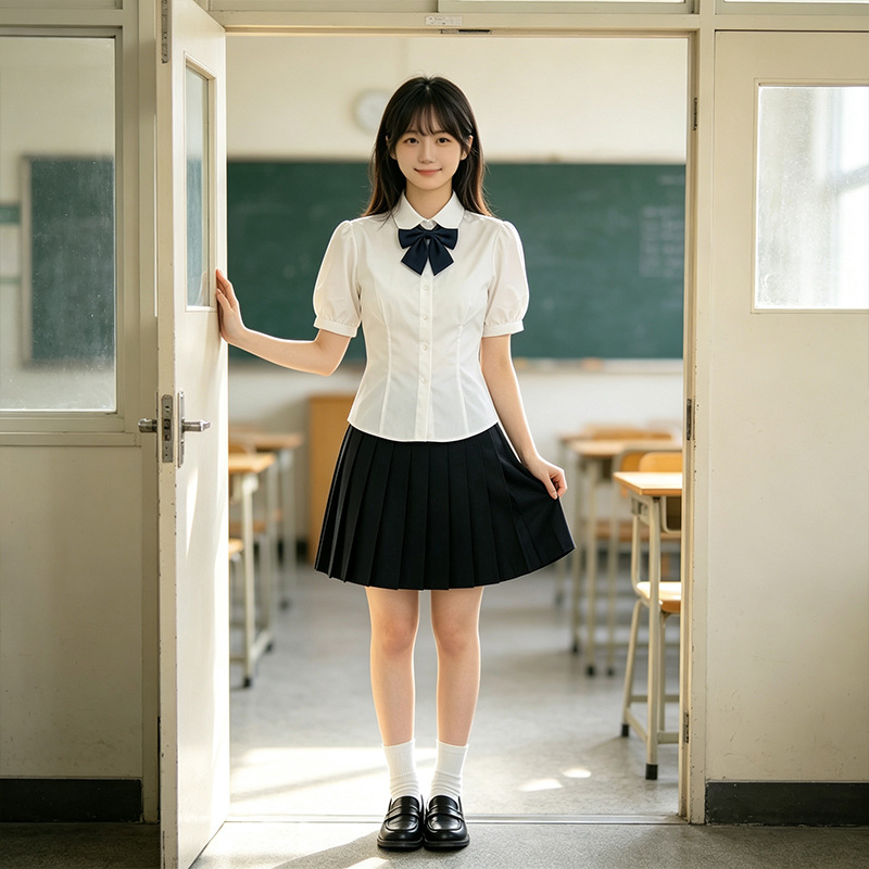 Campus-style JK uniform set, short-sleeved shirt, pleated skirt, student school uniform, college class uniform, JK ribbon shirt