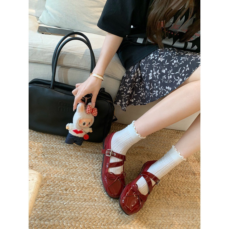 羊皮葡萄妈同款交叉带玛丽珍鞋女厚底增高一字扣带浅口蝴蝶结单鞋|undefined