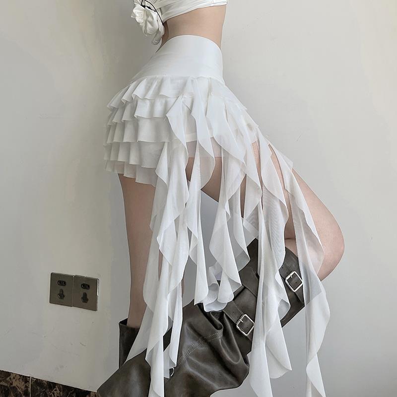 2025 Women [Vacation Style] White Ruffled Mesh Ribbon Skirt Low Waist Sexy Asymmetrical Skirt