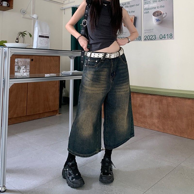 Washed Vintage Straight-Leg Denim Shorts 2026 New Style Mid-Waist Loose Wide-Leg Slimming Cropped Denim Shorts